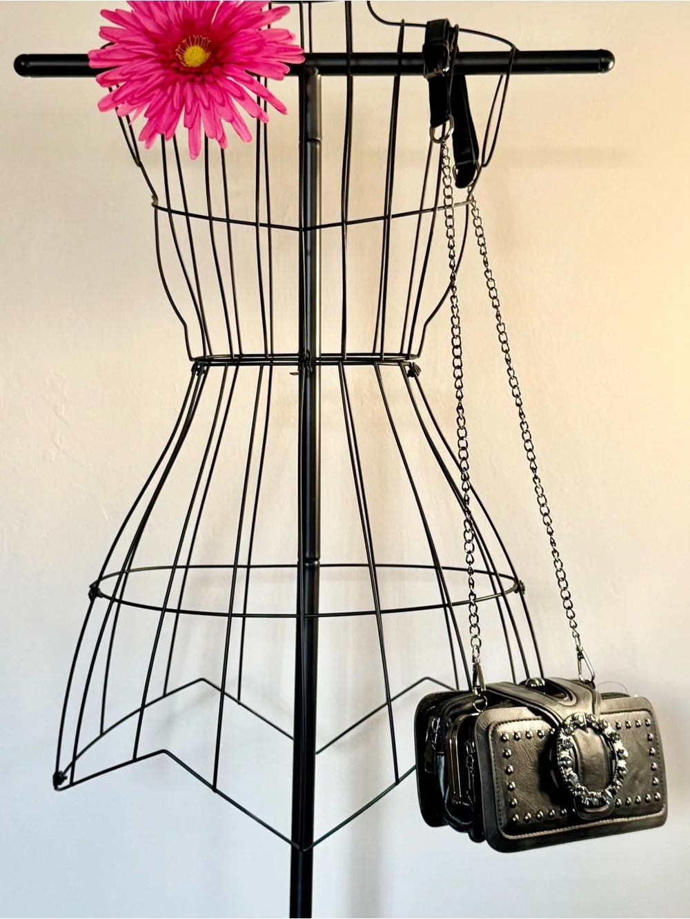 New Black Faux Leather Studded Crossbody Shoulder Bag Purse w/ Chain Strap 8”x4”